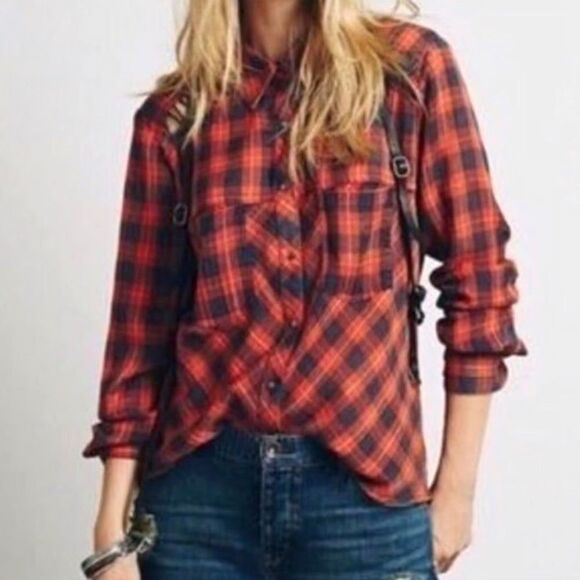 Free People Tops - Free People Gauze Plaid Buttondown Shirt Sz M Gently Loved